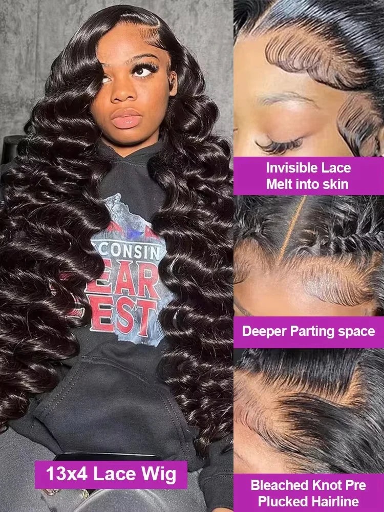 Lakeisha High Density Loose Wave HD 13x6 Lace Front Wigs Human Hair Black Raw Brazilian Deep Curly 40 Inch 13x4 Lace Frontal Wig