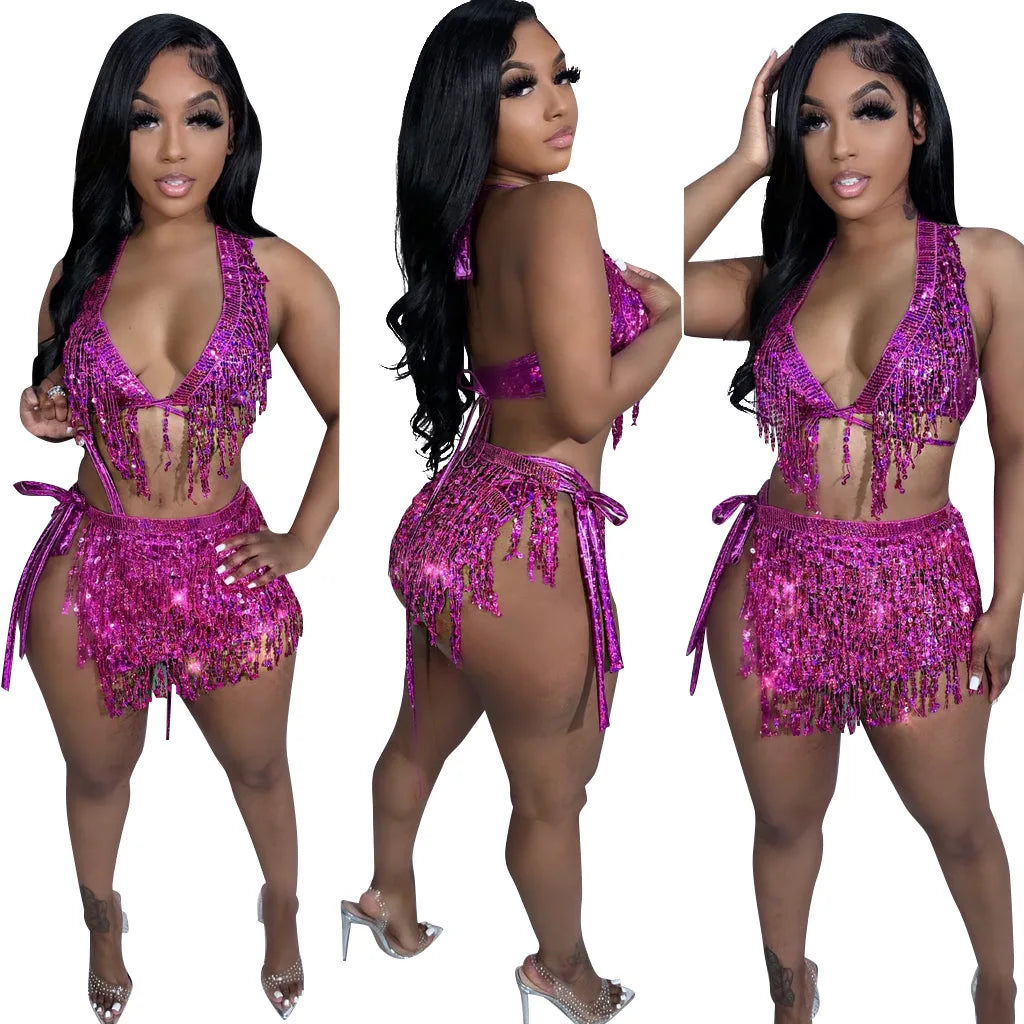 Sexy Rhinestones Tassel Dress Women Festival Clothing Summer Beach Dress Irregular Cut Out Backless Party Mini Dress Clubwear