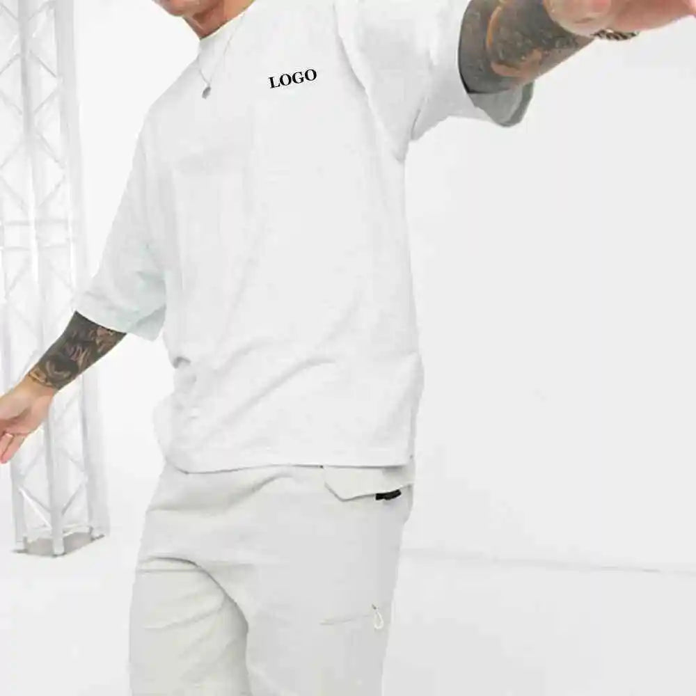 2025 Men's Jersey T-Shirt and Shorts Set New Design 100% Cotton Affordable Summer Oversize Style Twin Set White Colour Outwear