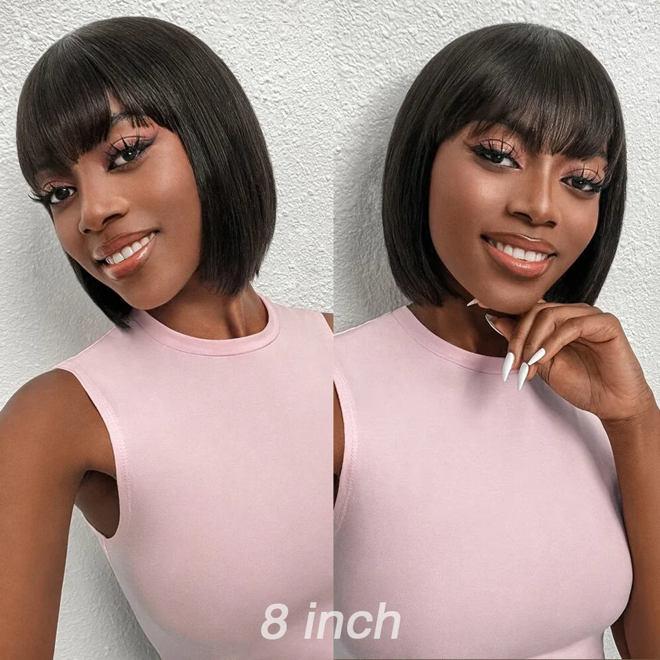 Short Bob Wig With Bangs Glueless Human Hair Wig Ready to Go Straight Hair Bob Wigs Brazilian Remy Full Machine Wigs for Women