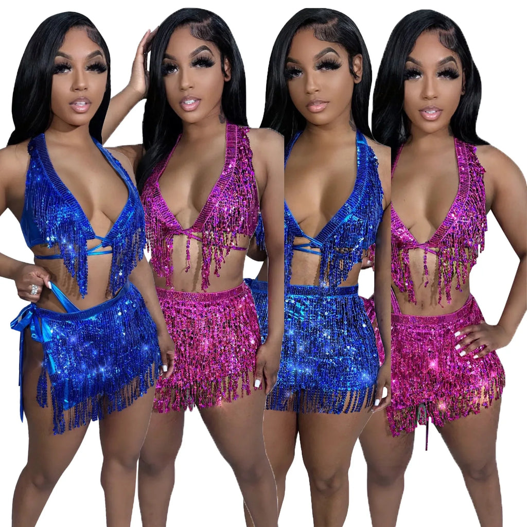 Sexy Rhinestones Tassel Dress Women Festival Clothing Summer Beach Dress Irregular Cut Out Backless Party Mini Dress Clubwear