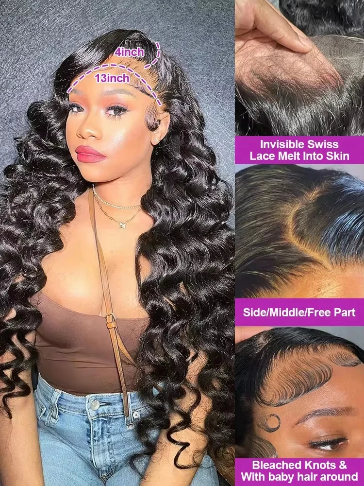 Lakeisha High Density Loose Wave HD 13x6 Lace Front Wigs Human Hair Black Raw Brazilian Deep Curly 40 Inch 13x4 Lace Frontal Wig