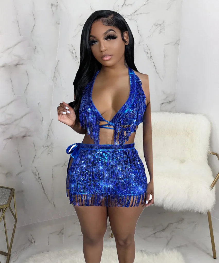 Sexy Rhinestones Tassel Dress Women Festival Clothing Summer Beach Dress Irregular Cut Out Backless Party Mini Dress Clubwear