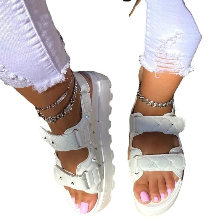 Women's European American Summer Sandals New 24th Year Thick-Soled Platform Roman Velcro Fastening Plaid Muffin Design Plus Size