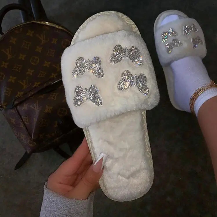2025 autumn/winter women new round-toe thick-soled flat mid-heel fur sandals bowknot rhinestone slippers Home slippers
