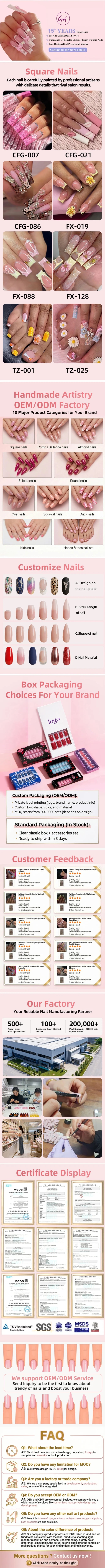 Handmade Square 3D Lily Press on Nails Glue on False Nails for Women