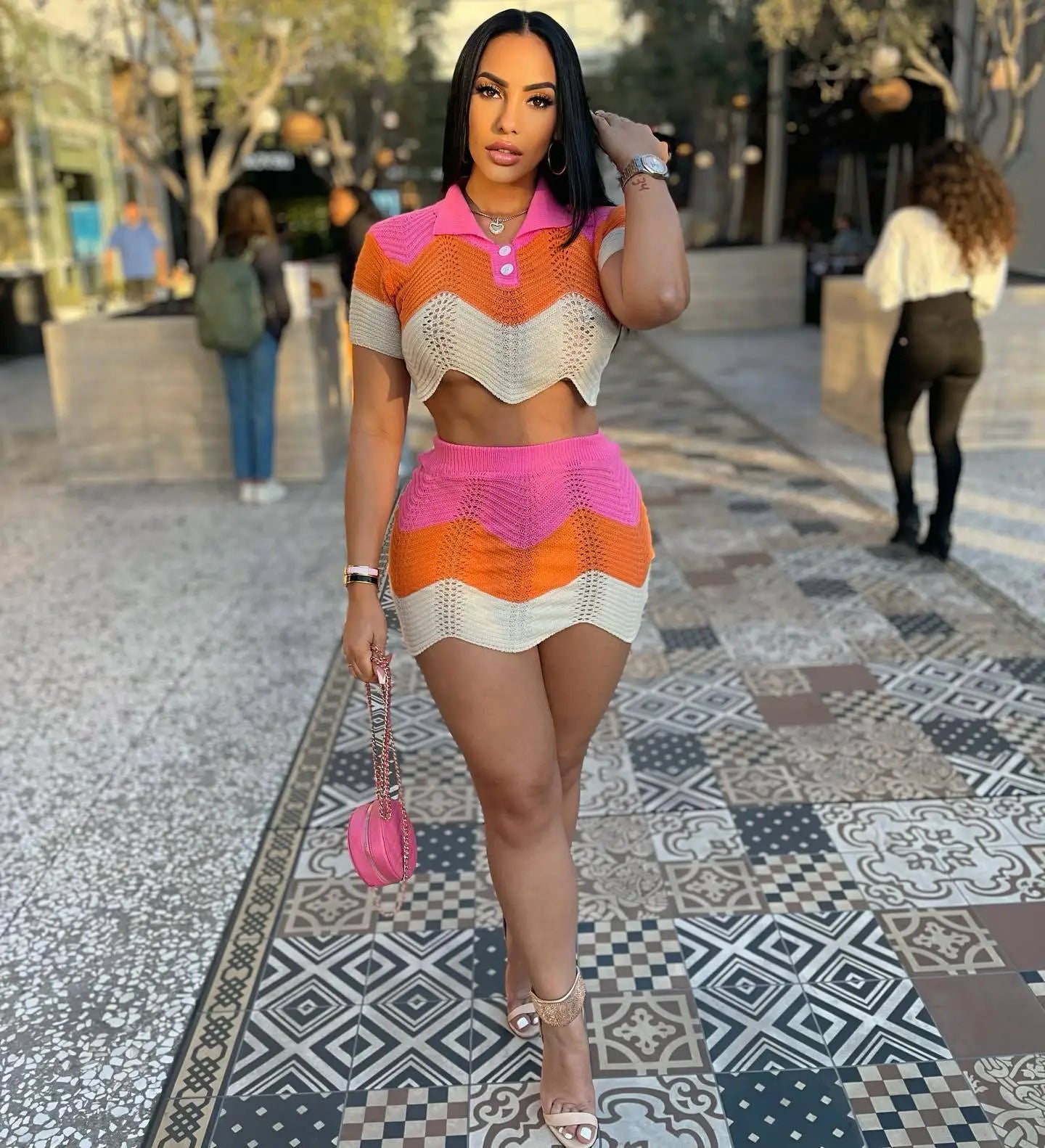 Women's Casual Sexy Dress Stitching Nude Empty Ladies Ruffle Sweater Crop Top Short Sets Women Two Piece Skirt Set Sweaters
