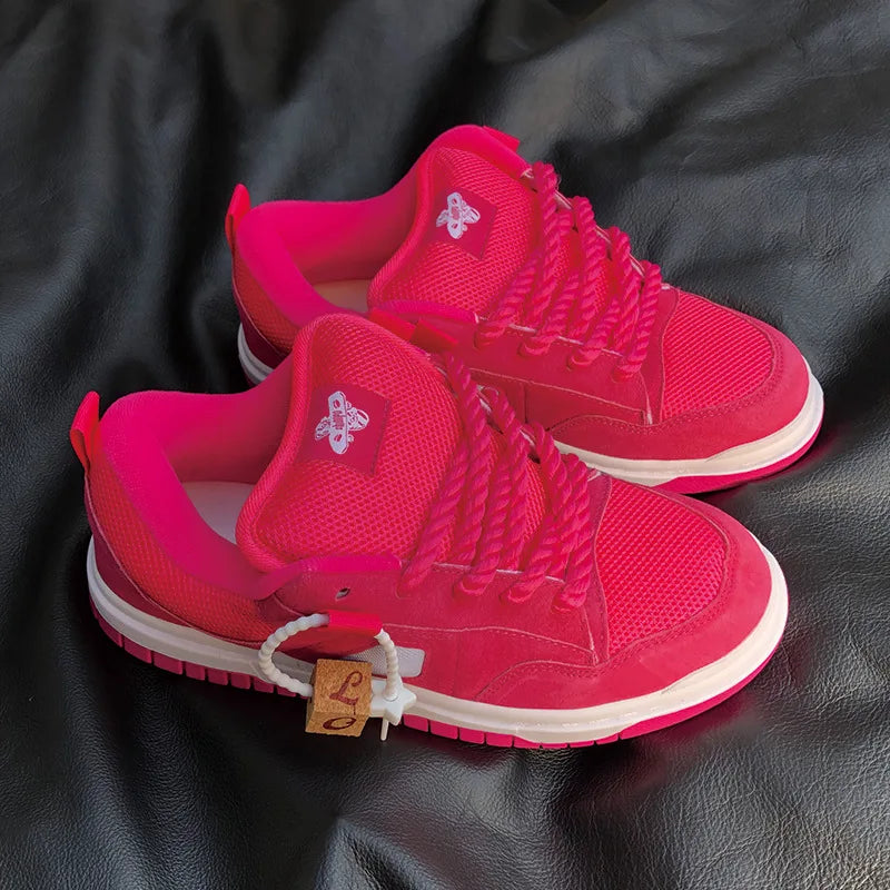 Hot Pink Streetwear Woman Sneakers Breathable Mesh Skate Shoes with Chunky Rope Laces Women Vate Pink Mesh Thick Sole Platform