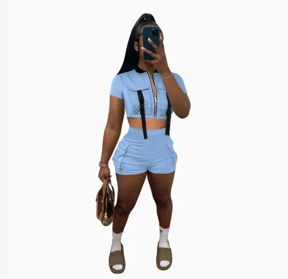 Clearance Sales Trending Product Women Casual 2 Piece Outfit Workout Fitness Zipper Crop Top and Shorts Sets