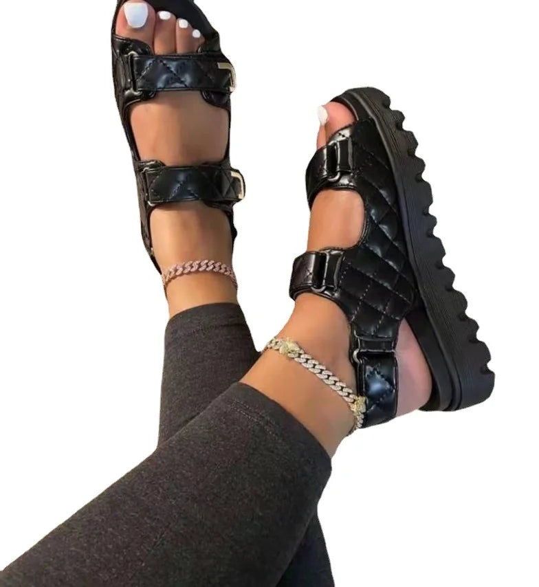 Women's Flat Sandals with Round Toe Breathable Height Increasing Exposed Sponge Cake Design Spring Season Size 43 Thick Soled