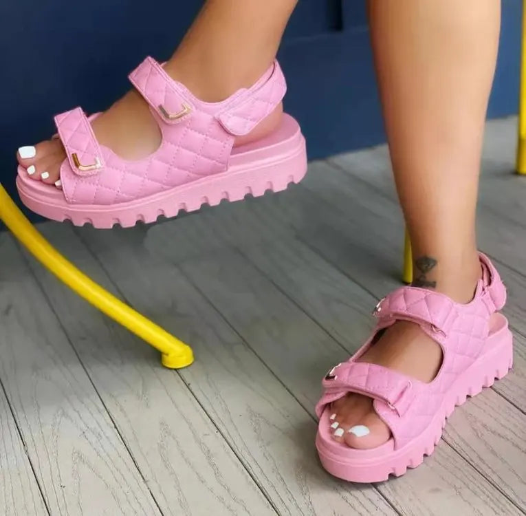 Women's Flat Sandals with Round Toe Breathable Height Increasing Exposed Sponge Cake Design Spring Season Size 43 Thick Soled