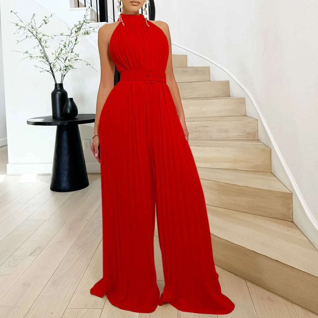 C8588 Latest Design Summer Jumpsuit Women Fashion Solid Color Sleeveless Sexy Pleated Wide Leg Jumpsuit With Belt