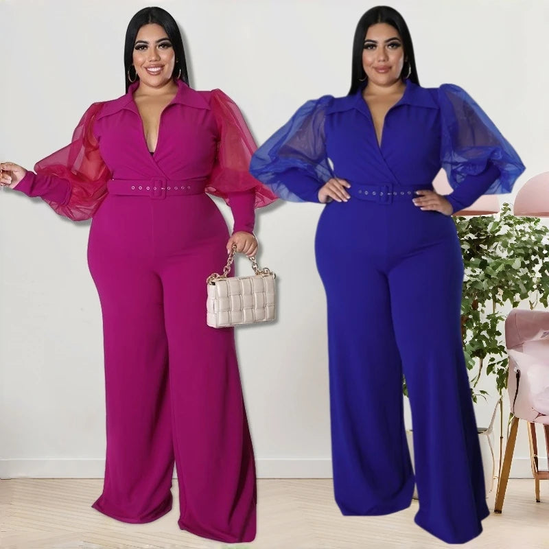 J2182 Trendy Jumpsuit Women Clothing Plus Size Women's V-Neck Long Sleeve Wide Leg Jumpsuit for Ladies