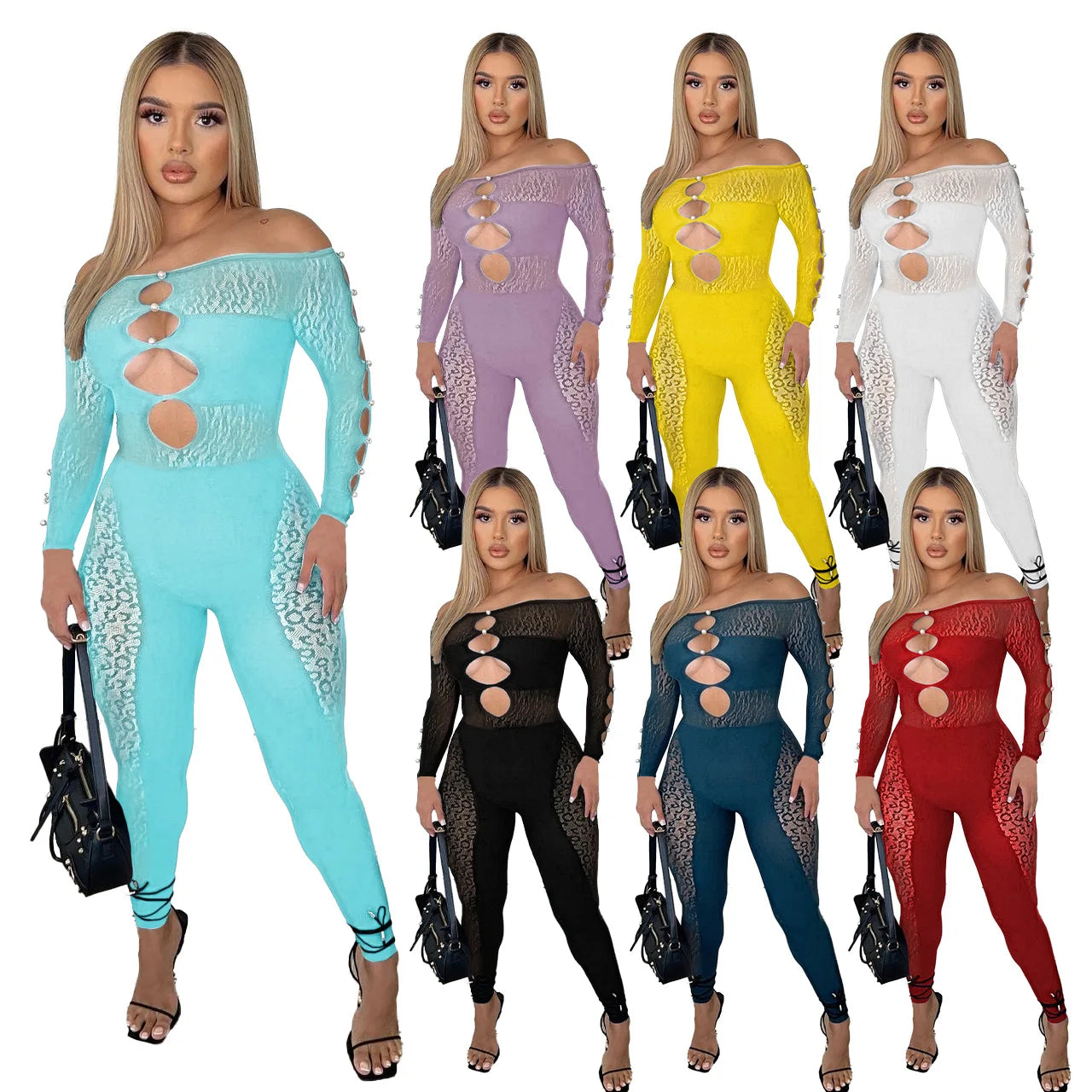 2024 Spring Jumpsuits See-through Leopard Print Pearl Buckle One Shoulder Sexy Jumpsuits for Women