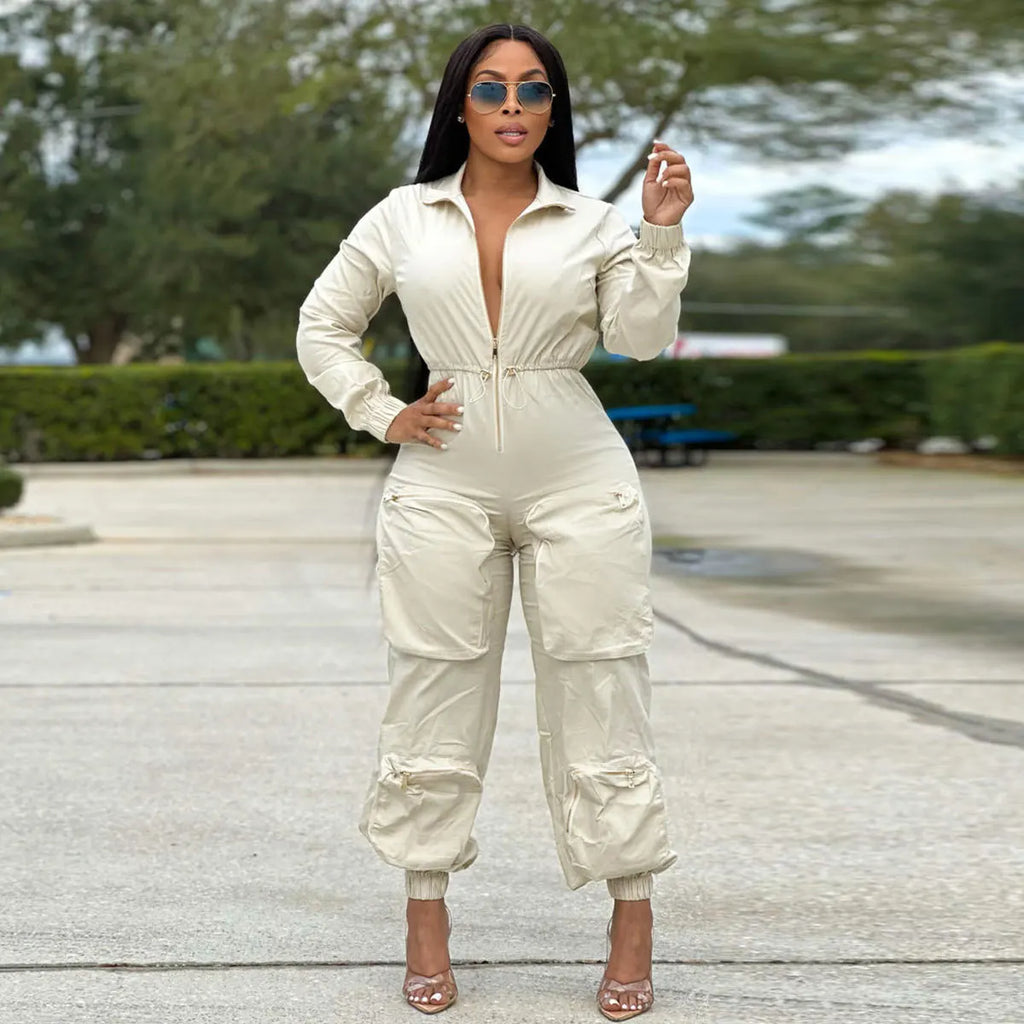 New Trendy 2023 Winter Women Jumpsuit Casual Pocket Workout Rompers Plus Size Streetwear Lady Cargo Jumpsuit for Women