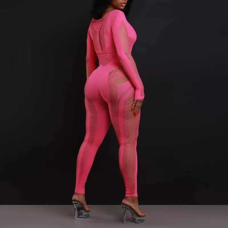 New Arrival Woman Bodysuit Hollow Out Middle Waist Tight Large Size Jumpsuits Solid Color Long Sleeve Sexy See-Through Jumpsuit