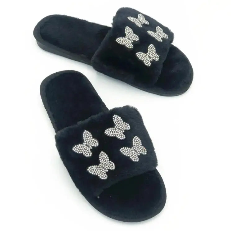 2025 autumn/winter women new round-toe thick-soled flat mid-heel fur sandals bowknot rhinestone slippers Home slippers