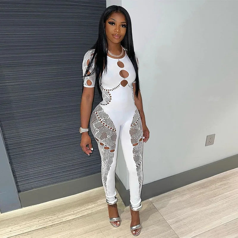Short Sleeve Hollowed Out Drilling Sexy Slim High-waisted Lace One-piece Playsuits Sexy Romper Woman
