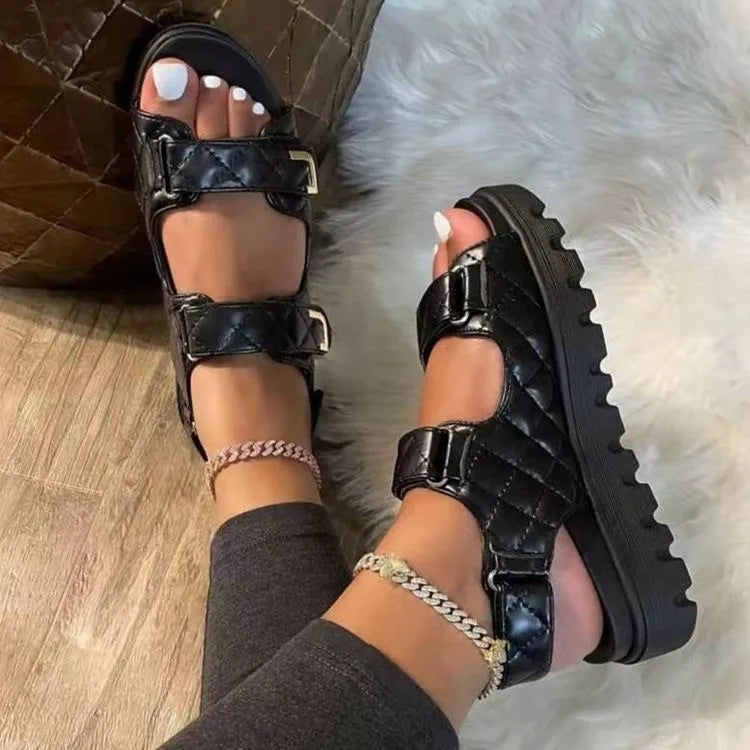 Women's Flat Sandals with Round Toe Breathable Height Increasing Exposed Sponge Cake Design Spring Season Size 43 Thick Soled