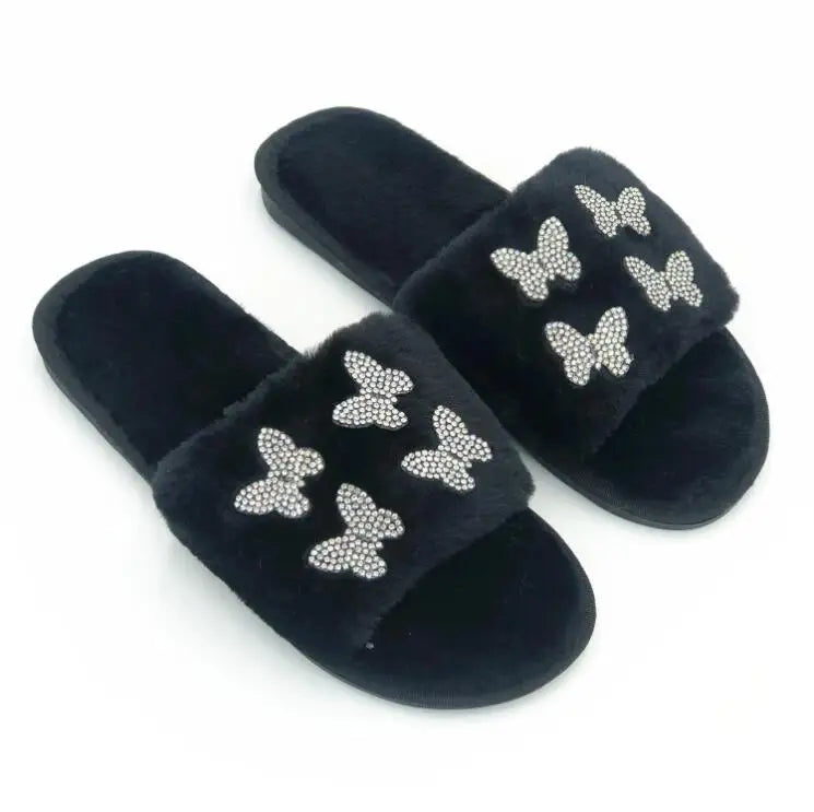 2025 autumn/winter women new round-toe thick-soled flat mid-heel fur sandals bowknot rhinestone slippers Home slippers
