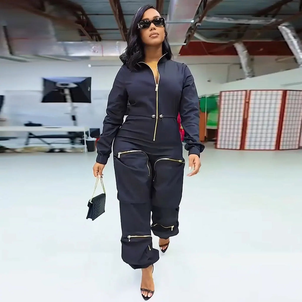 New Trendy 2023 Winter Women Jumpsuit Casual Pocket Workout Rompers Plus Size Streetwear Lady Cargo Jumpsuit for Women