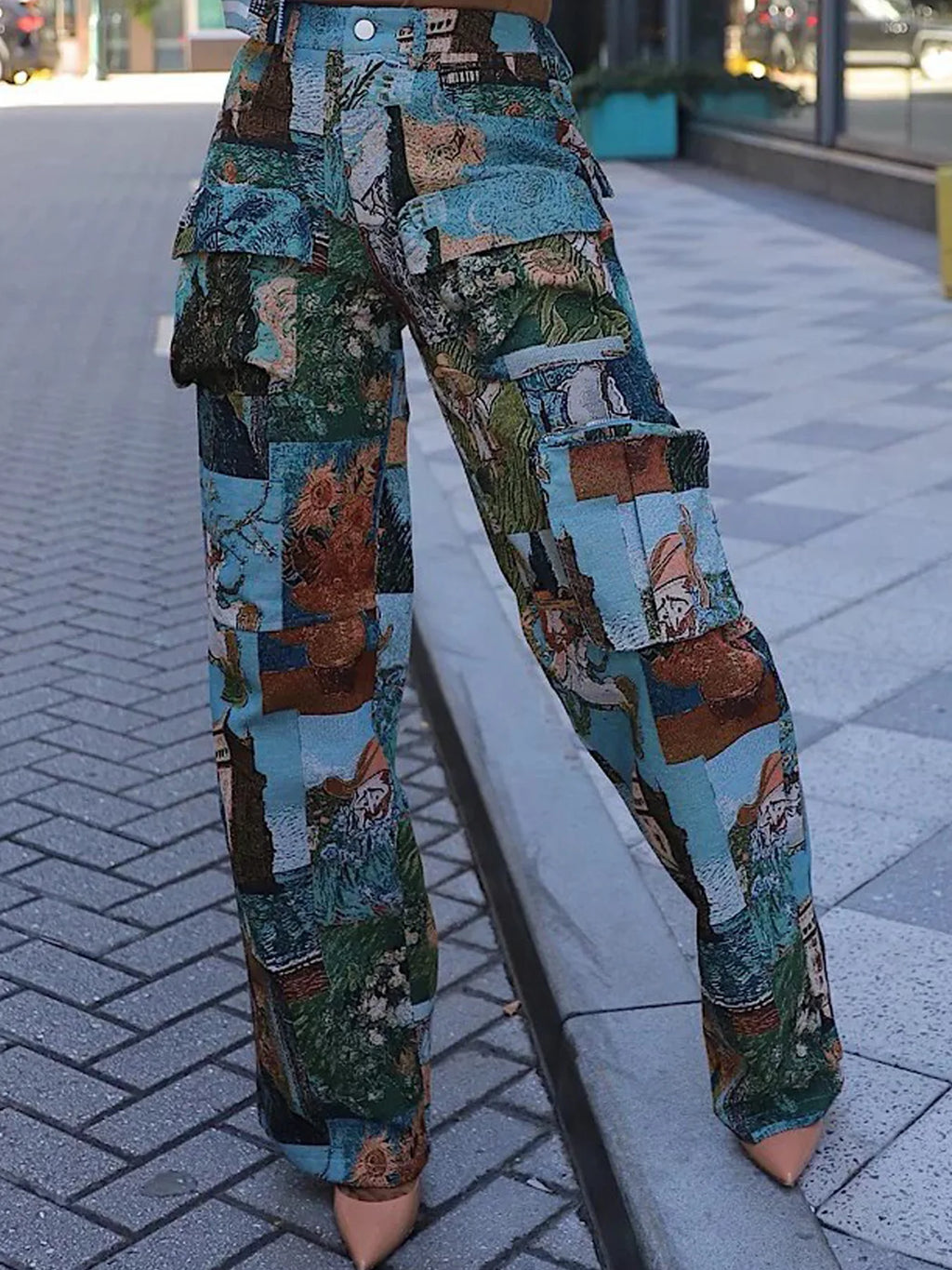 Women Fashion Jacquard Retro Multi Pockets Cargo Pants Button Fly High Waist Loose Casual Streetwear Straight Trousers