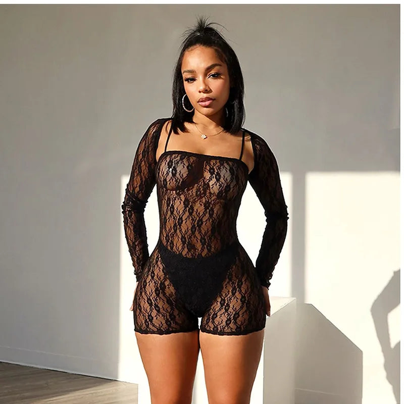 Ladies' Sexy Hollowed-Out Long-Sleeved Elastic High Waist Jumpsuit Spring Fashion Fishnet Backless Stockings Pantyhose Tights