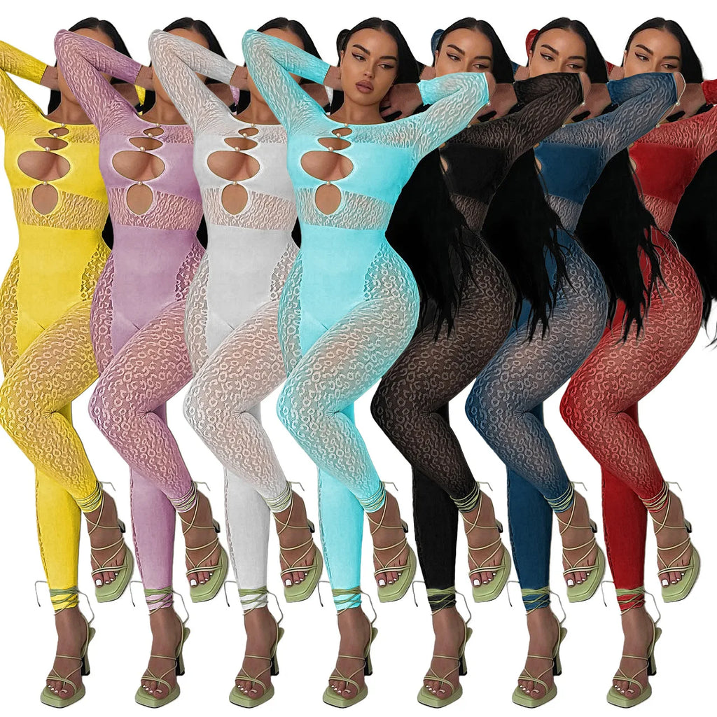 2024 Spring Jumpsuits See-through Leopard Print Pearl Buckle One Shoulder Sexy Jumpsuits for Women
