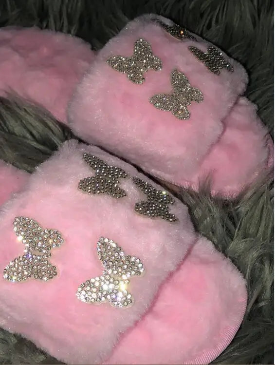 2025 autumn/winter women new round-toe thick-soled flat mid-heel fur sandals bowknot rhinestone slippers Home slippers