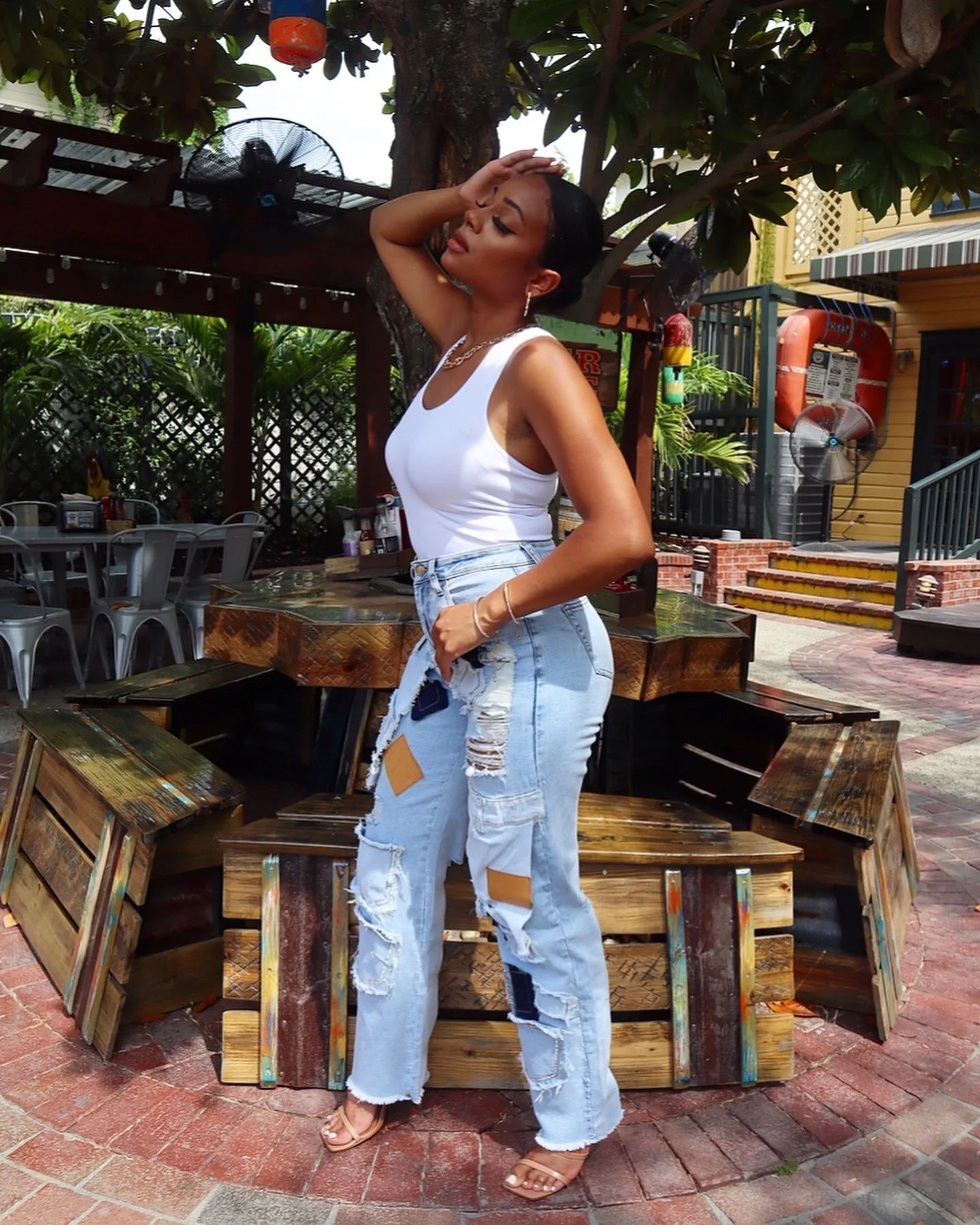 BR4981 New Women's Fashion Casual Printed Tape Ripped Jeans Straight Leg Pants