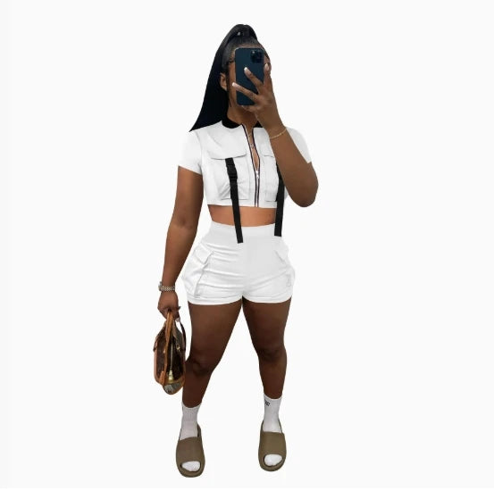 Clearance Sales Trending Product Women Casual 2 Piece Outfit Workout Fitness Zipper Crop Top and Shorts Sets
