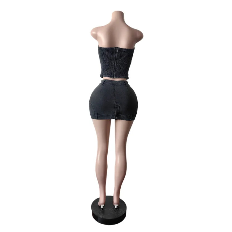 Lady Jeans Mini Skirt Outfit Set Sexy Women Strapless Elegant Two Pieces Denim Club Matching Set Top and Mini Skirt