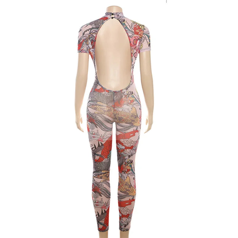 2024 Summer New Women's Sexy Backless Fashion Print Perspective Mesh Club Evening Jumpsuit