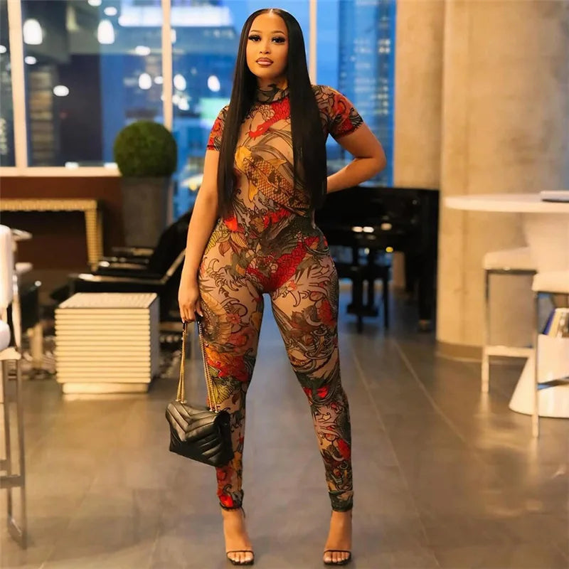 2024 Summer New Women's Sexy Backless Fashion Print Perspective Mesh Club Evening Jumpsuit