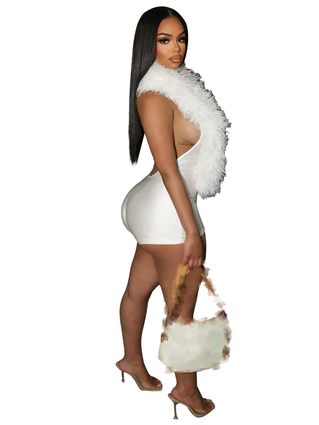 2025 Women New Jumpsuit Elegant Artificial Fur with Sexy Deep V-neck Halter Sleeveless Bodysuit Ladies Casual Rompers
