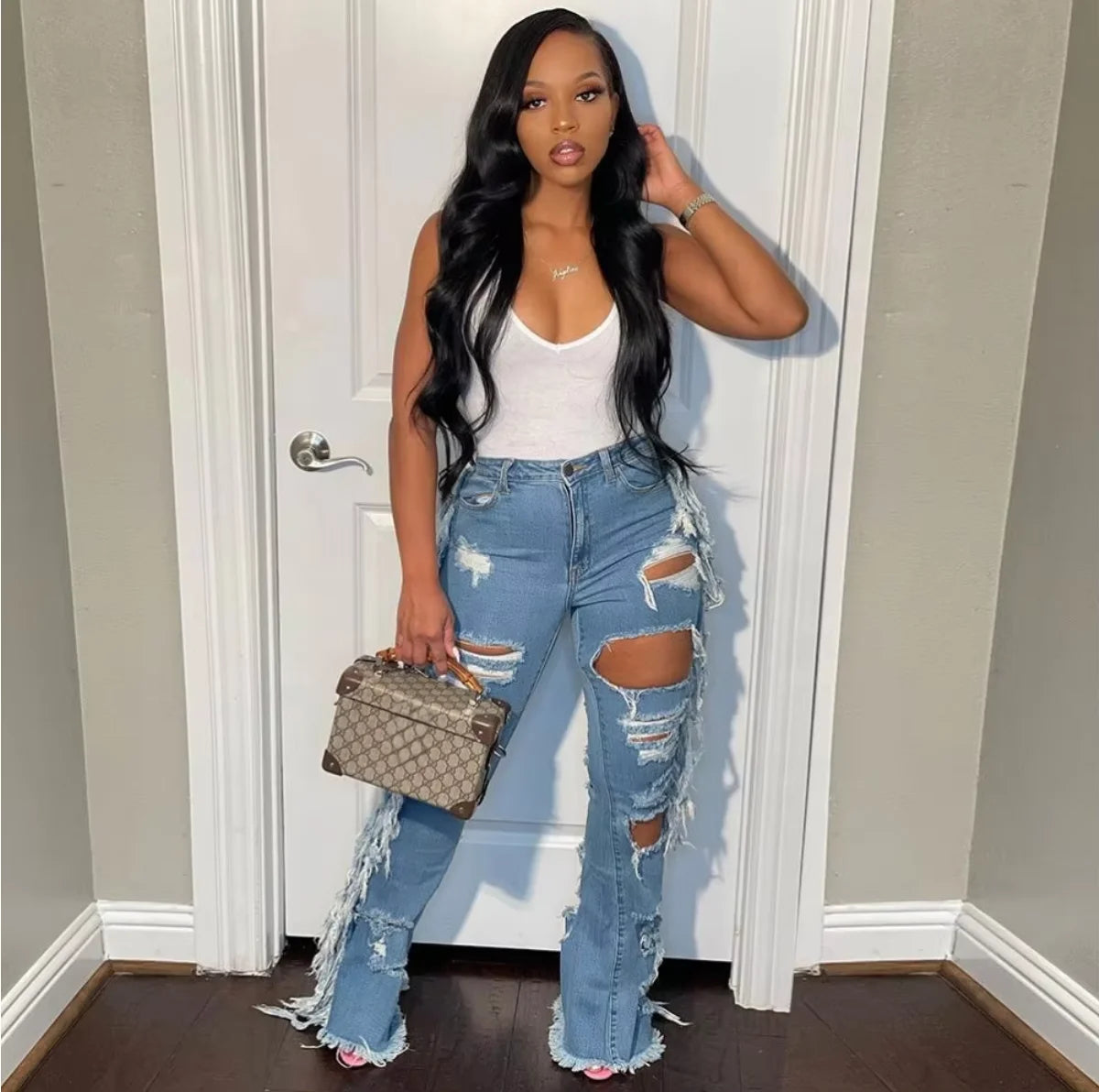 Fashionable Street Trend Women's Plus Size Pants Casual Hole Fringe Frayed Denim Jeans