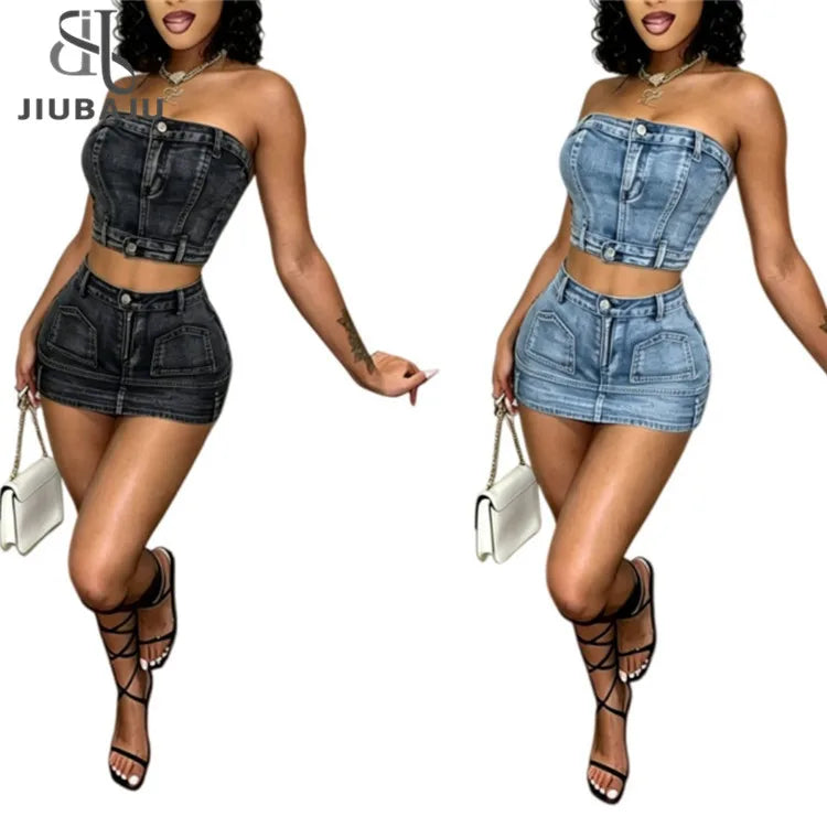 Lady Jeans Mini Skirt Outfit Set Sexy Women Strapless Elegant Two Pieces Denim Club Matching Set Top and Mini Skirt