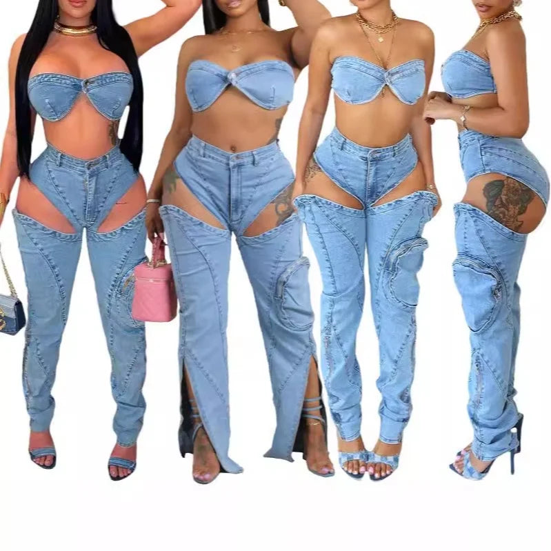 Washed Stretch Denim Split Zipper 3D Pocket Wrap Chest Sexy Top Pants 2 Piece Set Fashion