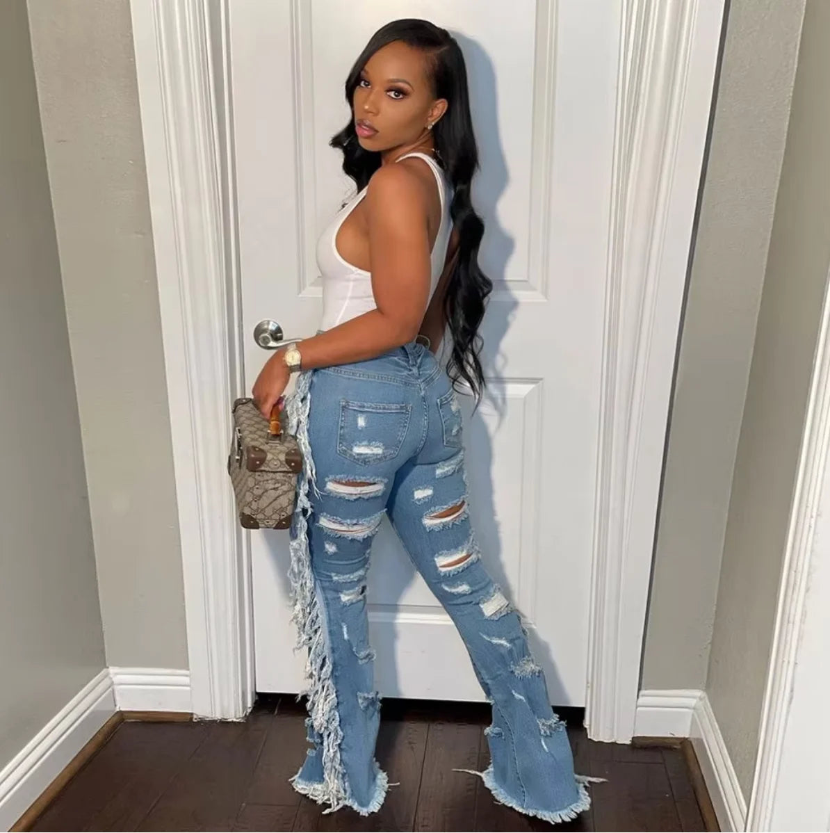 Fashionable Street Trend Women's Plus Size Pants Casual Hole Fringe Frayed Denim Jeans