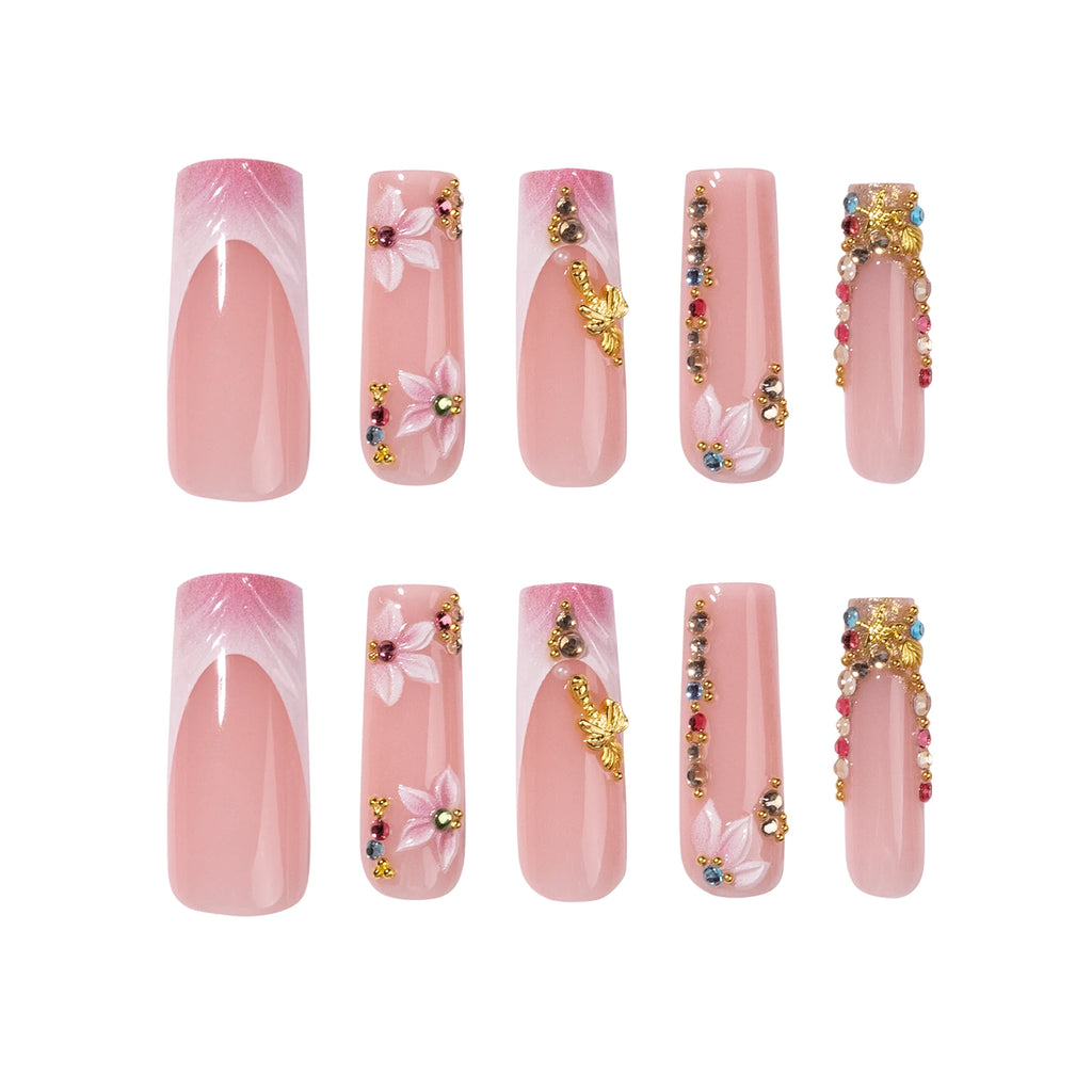 24pcs 4351 PMMA Chic Flower Nail Art Medium Square False Nails Artificial Fingernails Customize OEM ODM