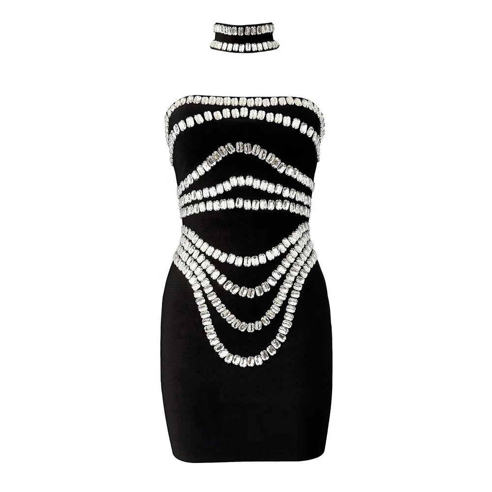 Women Strapless Bodycon Bandage Dress Sexy Beading Summer Celebrity Evening Party Mini Dresses