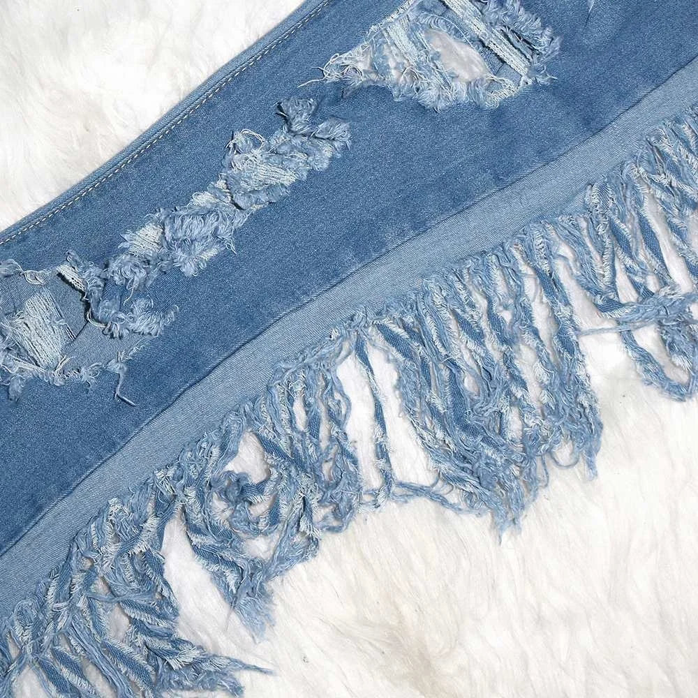 Fashionable Street Trend Women's Plus Size Pants Casual Hole Fringe Frayed Denim Jeans