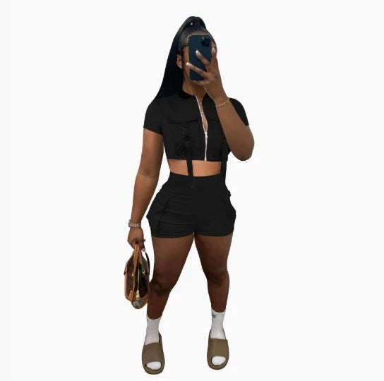Clearance Sales Trending Product Women Casual 2 Piece Outfit Workout Fitness Zipper Crop Top and Shorts Sets