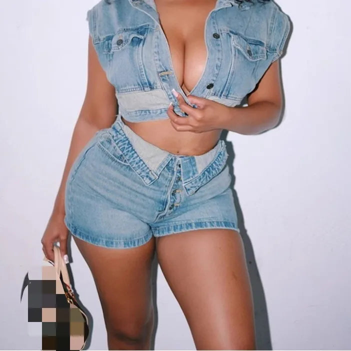 Women's New Casual Stretch Denim Colorblocking Short Lapel Top Slim Wrap Hip Shorts 2 Piece Set   Fashion