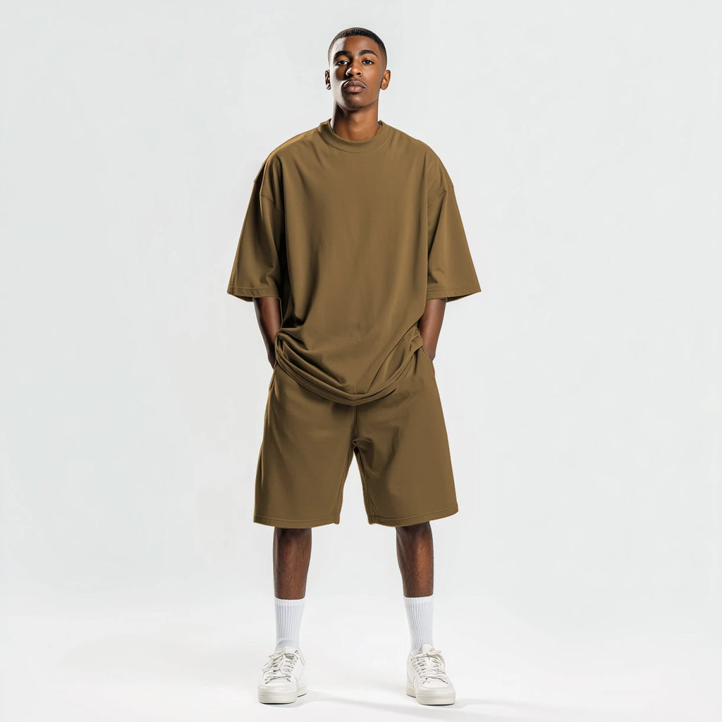 Big and Tall Oversized Men's T-Shirt and Shorts Sets 250G Heavy Drop Shoulder Relaxed Plus Size Tracksuit Outfit Bulk Wholesale