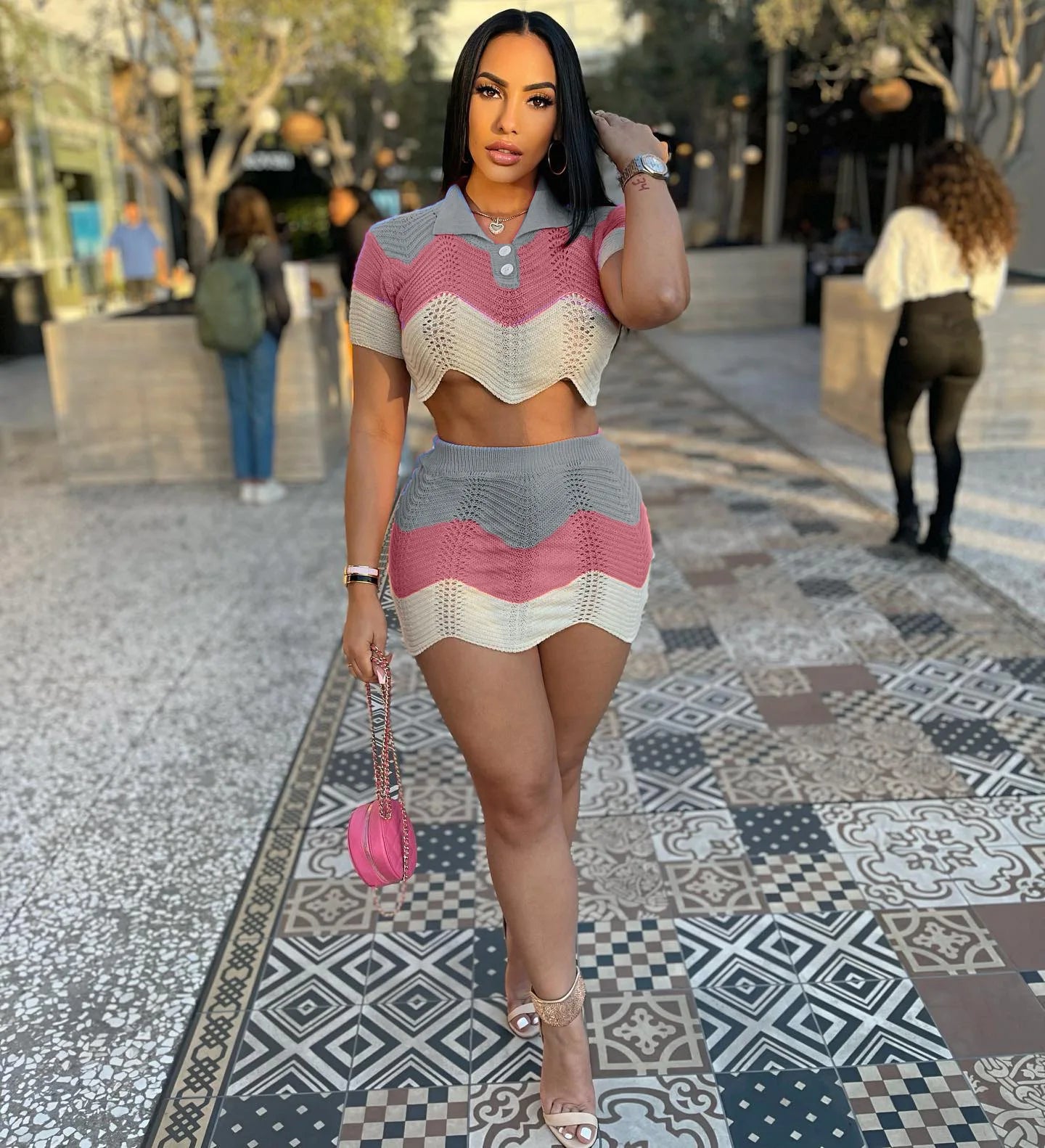 Women's Casual Sexy Dress Stitching Nude Empty Ladies Ruffle Sweater Crop Top Short Sets Women Two Piece Skirt Set Sweaters