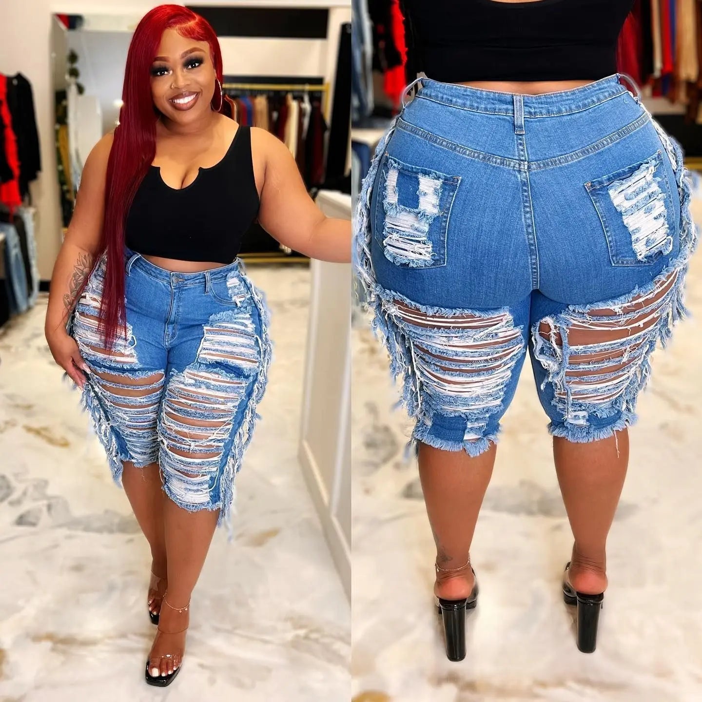 2022 New Arrivals Plus Size Women's Clothing Fashion Solid Color Tassel Denim Sexy Ripped Elastic Plus Size Denim Shorts