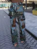 Women Fashion Jacquard Retro Multi Pockets Cargo Pants Button Fly High Waist Loose Casual Streetwear Straight Trousers