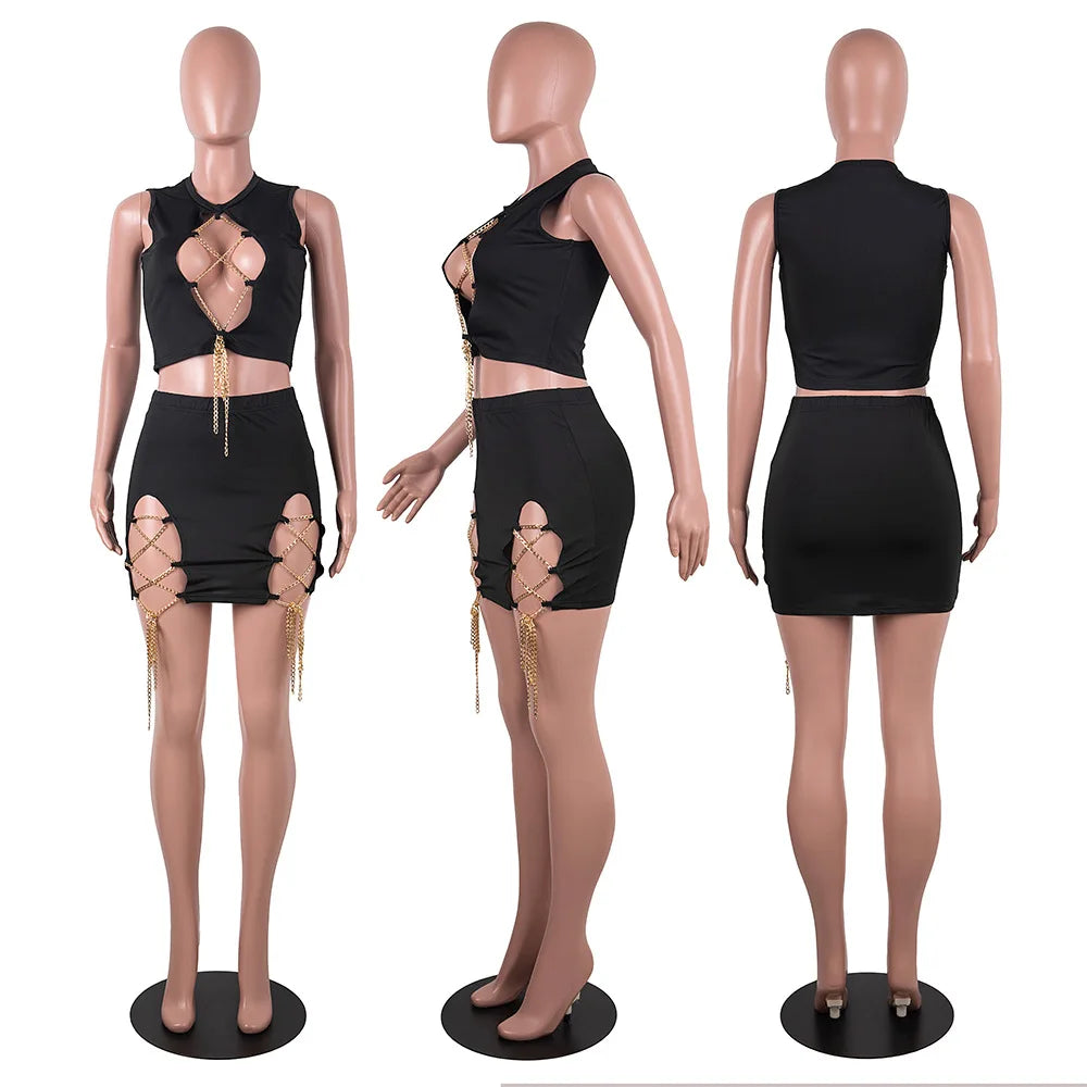 New Arrival Summer Sexy Club Outfits Lace up Crop Top and Mini Skirt Two Piece Skirt Set Women