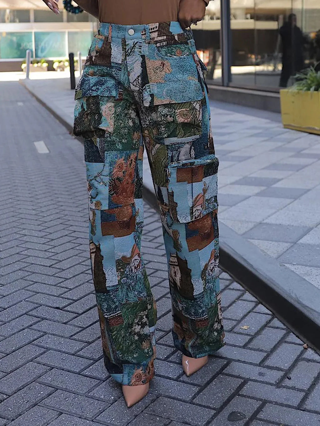 Women Fashion Jacquard Retro Multi Pockets Cargo Pants Button Fly High Waist Loose Casual Streetwear Straight Trousers